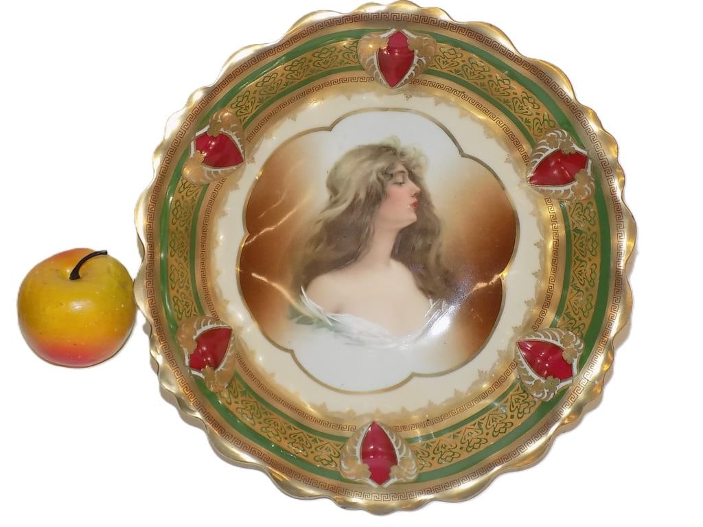 ROYAL VIENNA CLASSICAL MAIDEN PORTRAIT BOWL: Antique Austrian Royal Vienna Porcelain Portrait Bowl. Constance Pattern Depicting a Lovely Maiden. Hand Painted, Signed Constance Gold Gilt Accents with Scalloped Rim.. Moritz Zdekauer MZ Base Mark w