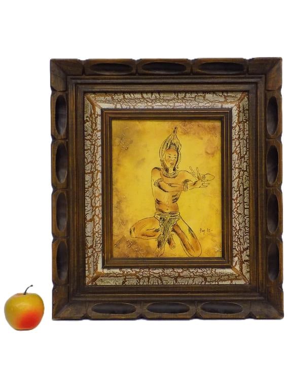 SOUTHEAST ASIAN APSARA CELESTIAL DANCER PAINTING: Antique Southeast Asian Hindu / Buddhist Apsara Mythologic Celestial Dancer Painting. Ink and Oil on Canvas. Signed Lower Right. Unusual Carved & Painted Frame Measures 16" x 2" x 18" 3 lbs From The L