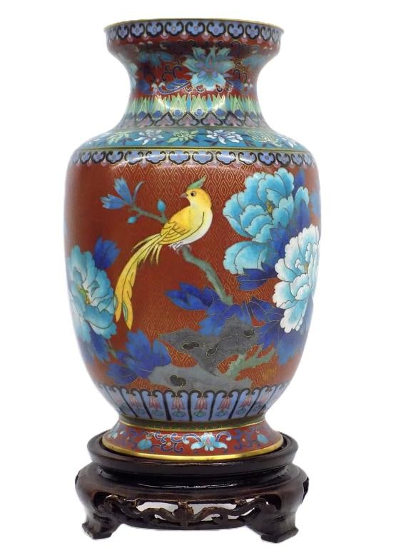 GREAT CHINESE CLOISONNE BIRDS & BLOSSOMS VASE: Vintage Chinese Cloisonne Brass Vase. Great Detail with Birds, Blossoms, Surrounding Scrollwork and Floral Decoration. Measurements 10.50" x 6" x 6" 3 lbs