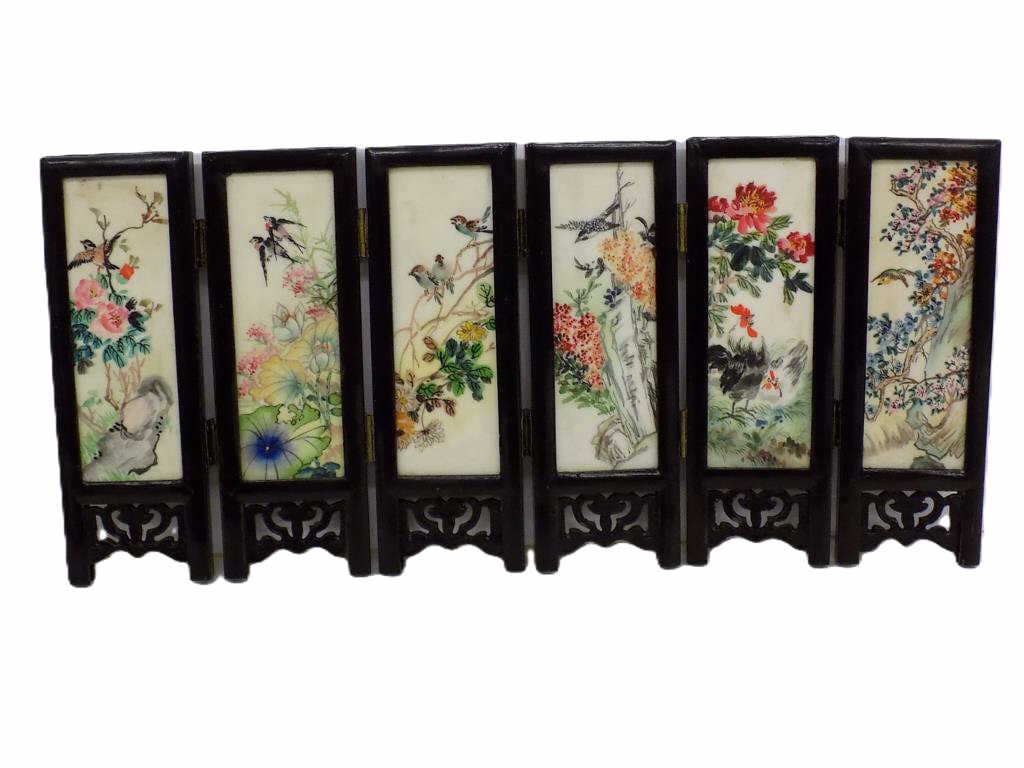 CHINESE MINIATURE 6 PANEL PAINTED TABLE SCREEN: Vintage Chinese Miniature 6 Panel Table Screen. Gorgeous Scenes Depicting Birds and Blossoms on Front with Mountains on Reverse. Each Painting Rendered on Stone. Folding Lacquered Wood Frame with Reti