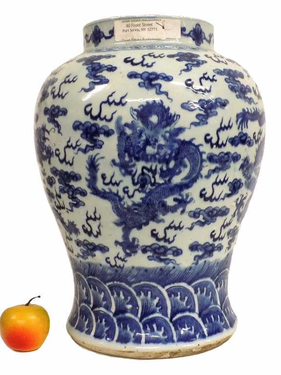 CHINESE MING DYNASTY DRAGON PALACE VASE: Big Chinese Ming Dynasty Blue and White Porcelain Palace Vase. Decorated with Surrounding Flying Five Claw Dragons in Clouds. Height 17.50" x Width 13". Early inner firing ring inside.
