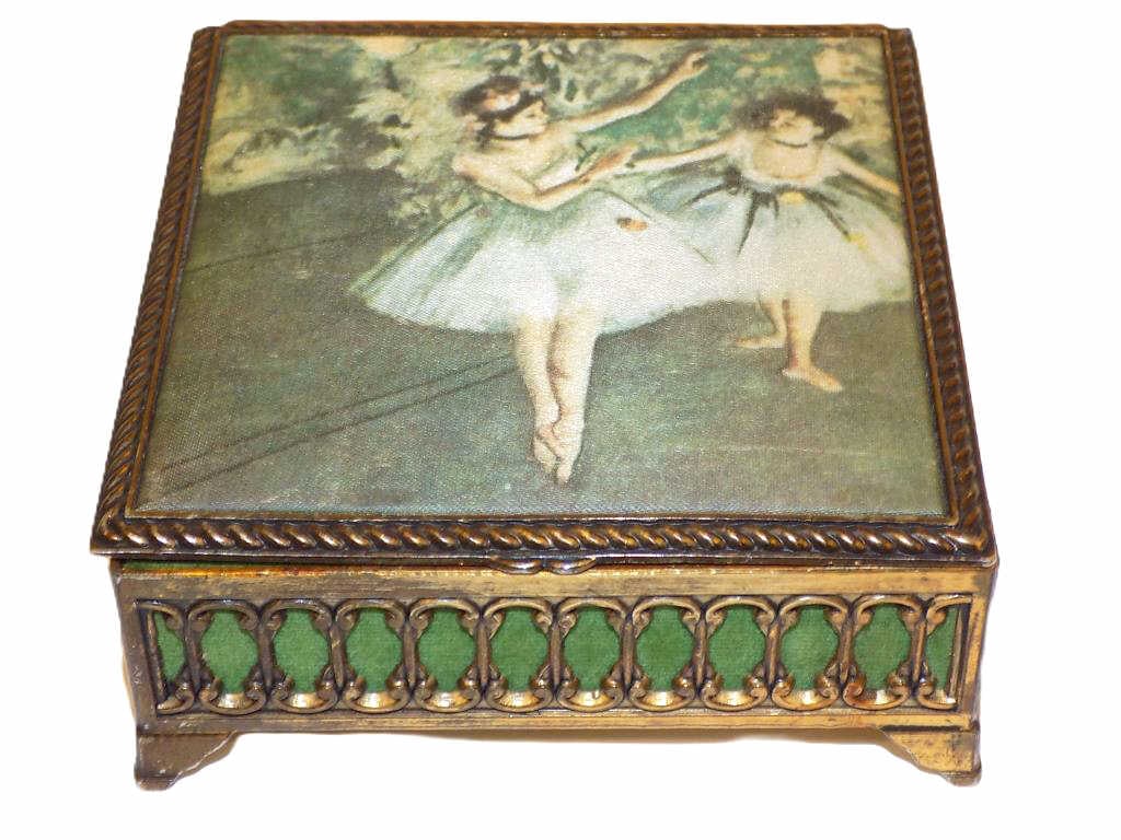DEGAS - DANSEUSES EN JAUNE BALLERINAS JEWELRY BOX: After Degas French 1834-1917 - Fancy Ballerinas Danseuses En Jaune Scene Print on Fabric. Surrounding Gold Gilt Openwork with Green Velvet Ground and Interior. Height 1.5" x Width 4 ' x Length 4" 1 lb