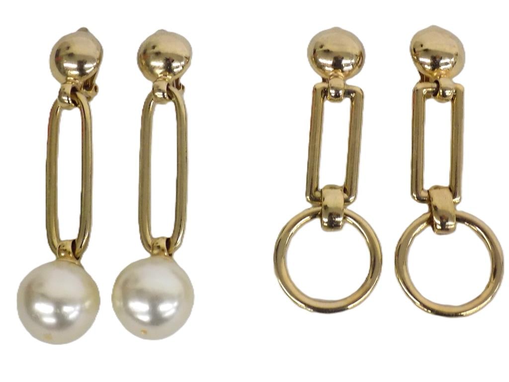 BEN AMUN MIDCENTURY MODERN GOLD EARRINGS: 2 Pair of Vintage Ben Amun Midcentury Modernist Gold Plated Designer Clip on Earrings. Each Signed Multiple Times. Dangling Ring and Faux Pearl Design. Lengths 3.5" & 3"