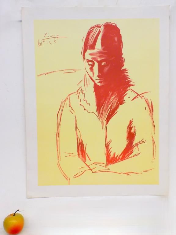 PABLO PICASSO PORTRAIT OF OLGA LITHOGRAPH: Pablo Picasso Spanish 1881-1973 - Rare Study Portrait of Olga Color Lithograph. Signed / Edition Info in Plate. Related to his Painting Portrait of Olga In An Armchair held in Musee Picasso Paris Fran
