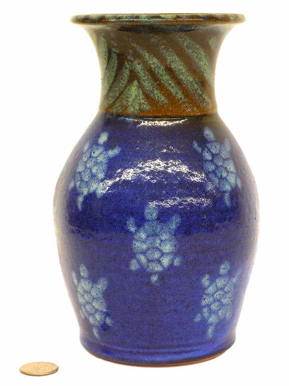 TAIT POTTERY TURTLE DESIGN VASE: Tait Pottery Vermont Pottery Vase. Decorated with Swimming Turtles and Woodlands Rim. Maker Mark and Signed Base. Height 9" x Width 5" x Length 5" 3 lbs