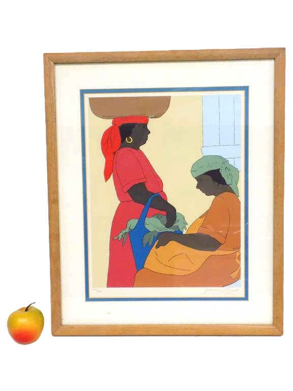 GLORIA LYNN - HAITIAN WOMEN SIGNED SCREENPRINT: Gloria Lynn American 20th Century - Vibrant African American Haitian Women Screenprint. Limited Edition Hand Numbered and Signed By The Artist. Oak Frame Height 21" x Width 1" x Lengtgh 17" 5 lbs New 