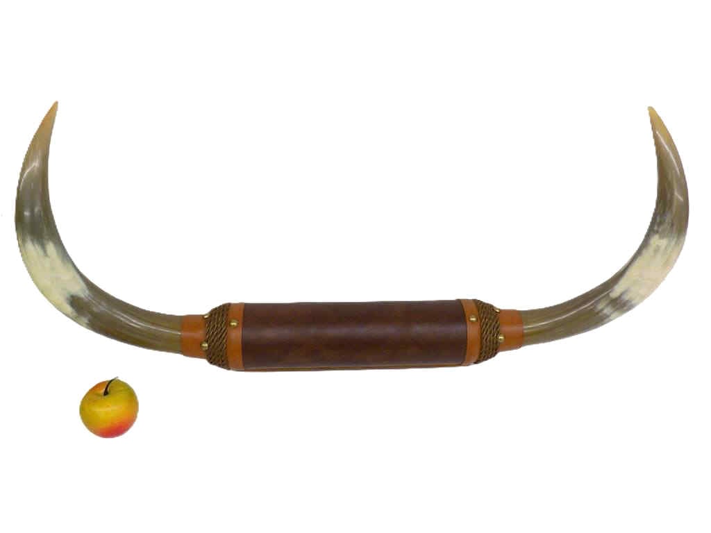 LARGE WESTERN BUFFALO HORNS WALL MOUNT: Large Western Buffalo Horns Wall Mount. Accented with Brown Leather, Rope and Brass Tacks. Total Height 12" x Width 13" x Length 30" 5 lbs