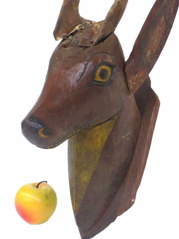 19TH CENTURY AMERICAN FOLK ART DEER WOODEN CARVING: 19th Century American Folk Art Deer Head Carving. Hand Carved and Painted Wood with Stag Antlers. Wall Mount Plaque. Total Height 20" x Width 8.25" x Length 6" Dark Patina As found, left ear absent