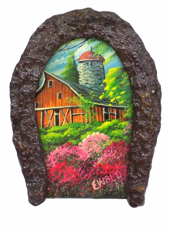 EWALD HUDSON VALLEY BARN PAINTING HORSE SHOE FRAME: Ewald - Hudson River Valley New York 20th Century - Vibrant Painting of a Hudson Valley Landscape with Red Barn. Signed Ewald 91. Lucky Horse Shoe Iron Frame. Height 6" x Width 1" x Length 5" 1 lb