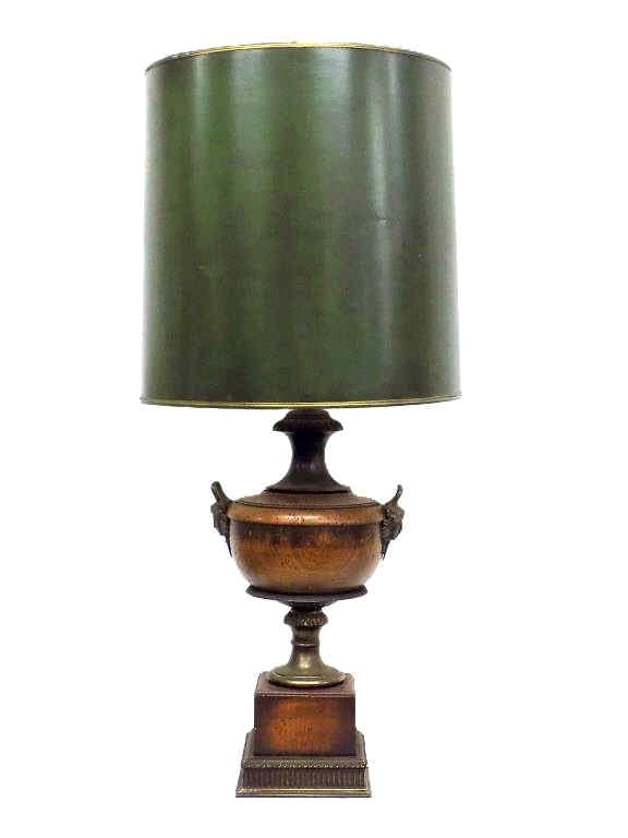 RENAISSANCE REVIVAL MEDALLION HEAD URN LAMP: Renaissance Revival Style Table Lamp. Urn Form with Wood and Gilt Metal Mounts. Featuring Dual Allegoric Maiden Head Handles. Total Height with Pineapple Form Finial 41" x Shade Width 16" x Shade