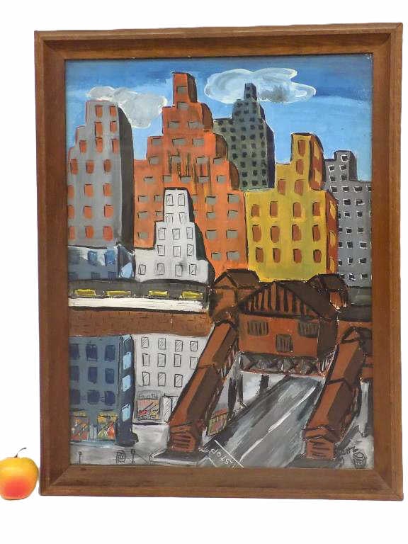 CARYL ZIMBAL - MIDCENTURY CITY SCAPE PAINTING: Zimbal American Midcentury Down Town City Scape Painting with Shops and Skyscrapers. Oil on paper. Signed Lower Right CHZ. Oak Arts and Crafts Wood Frame Height 27" x Width 2" x Length 21" 6 lbs