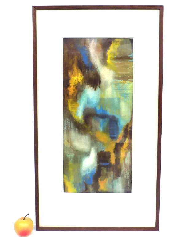 CARYL ZIMBAL GOLD - MIDCENTURY ABSTRACT WATERCOLOR: Caryl Zimbal Gold - American 20th Century - Midcentury Abstract Watercolor Entitled Autumn In Limbo. Gallery Label Rear. Teak Wood Frame Height 31" x Width 1" x Length 18" 7 lbs