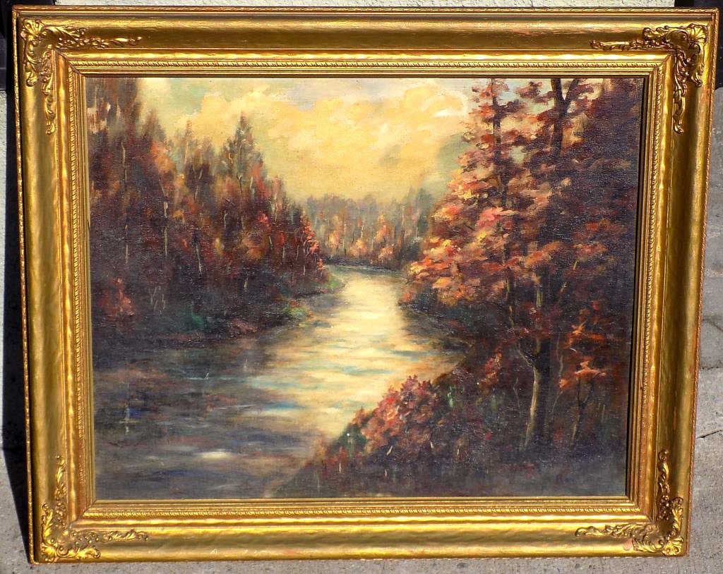 RAY BOLLES ? - IMPRESSIONIST AUTUMN PAINTING: Ray Bolles ? - American 20th Century - Luminist Autumn Landscape entitled "Appreciation". Oil painting on artist board. 16" x 20" Signed lower right. Height 20" x Width 2" x Length 24" 4 lb Gilt