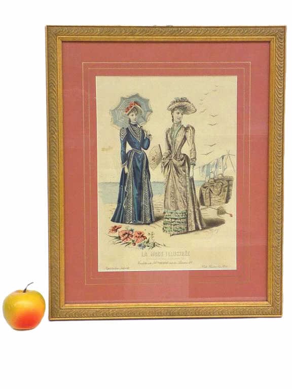 19TH CENTURY FRENCH VICTORIAN FASHION PRINT: 19th Century La Mode Illustree Paris France Fashion Print. Hand Colored Engraving Depicting 2 Victorian Beauties at The Sea Shore. Artwork Bt Charles Rubouille and T. Desgrange. Fancy Gilt Frame Measu