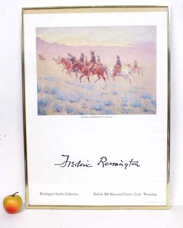 FREDERIC REMINGTON BUFFALO BILL CENTER POSTER: Buffalo Bill Center Cody Wyoming Frederic Remington Studio Collection Exhibition Poster. Featuring The Painting Ghosts of The Past with Cowboys on Horseback. Gold Metal Frame Height 28.50" x Width 2" 