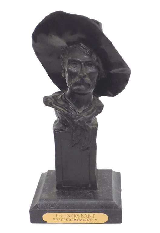 FREDERIC REMINGTON SARGEANT NUMBERED BRONZE BUST: Frederic Sackrider Remington American 1861-1909 - Old Western Cowboy Bronze Bust Entitled The Sargeant. Highly Detailed Sculpture on Marble Base. Signed Rear Limited Edition Numbered Casting 303/500. 