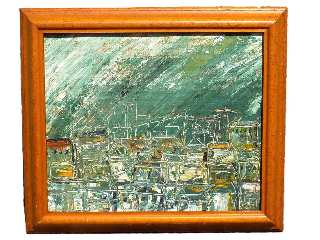 ABSTRACT VILLAGE PAINTING SIGNED ILLEGIBLY: Midcentury Abstract Village Painting with Crowded Homes. Oil on Canvas. Signed Illegiby Lower Right and Rear. Maple Wood Frame Height 12.50" x Width 1.25" x Length 14.50" 2 lbs From a Prominent New Yo