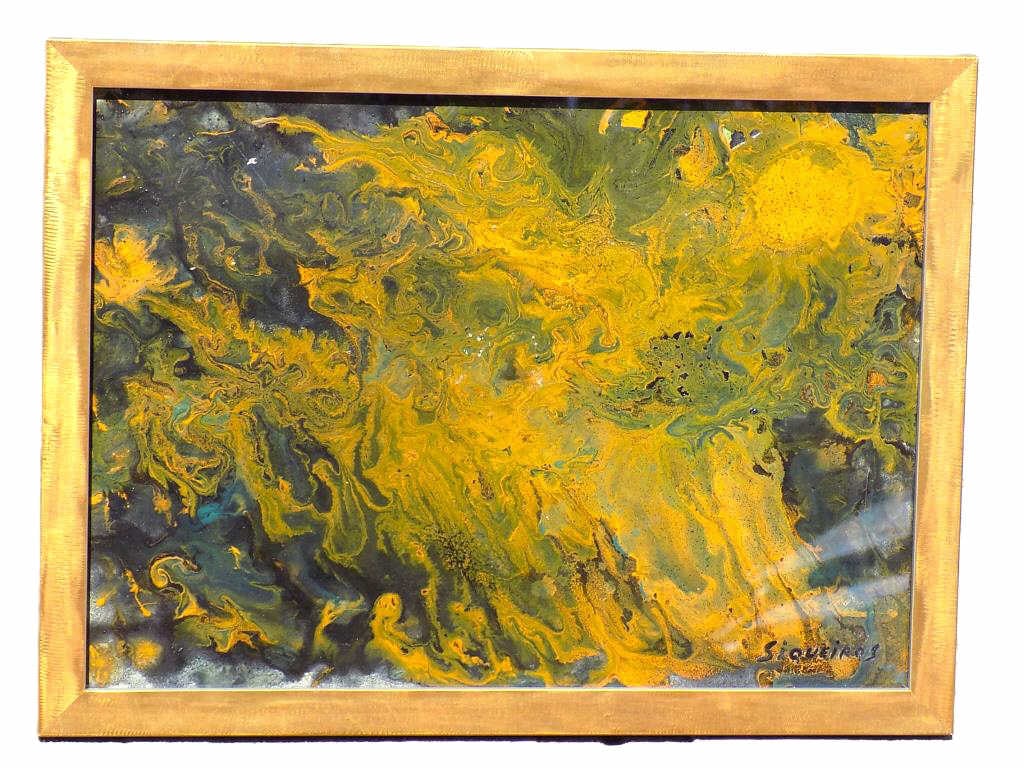 DAVID ALFAROS SIQUEIROS - COSMICO PAINTING: Attributed David Alfaros Siqueiros Mexican Latin American - 1896-1974 - Midcentury Cosmico Painting. Acrylic on Masonite. Signed Lower Right. Gold Gilt Frame Measurements Height 11" x Width 1" x Lengt