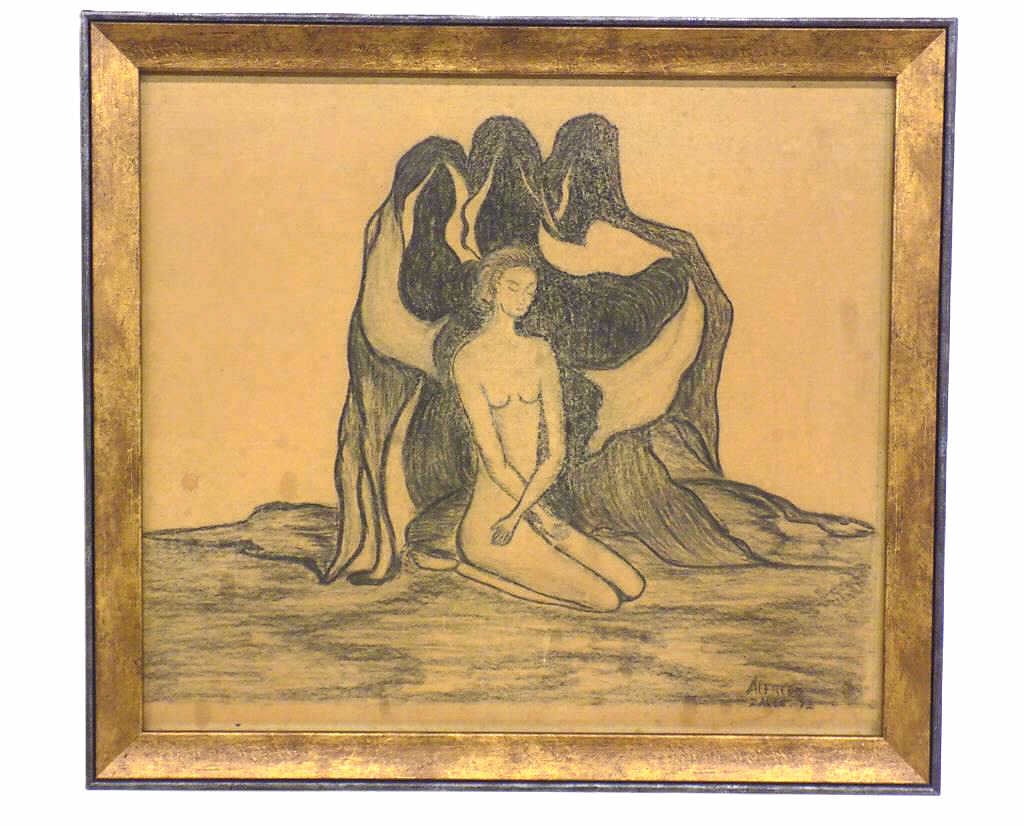 ALFREDO ZALCE - EXPRESSIONIST NUDE DRAWING: Alfredo Zalce - Mexican / Latin American - 1908-2003 - Expressionist Nude Drawing on Paper. Depicting A Pure Nude Woman Surrounded by Death. Signed and Dated (19) 72 Lower Right. Gold Gilt Frame Heigh