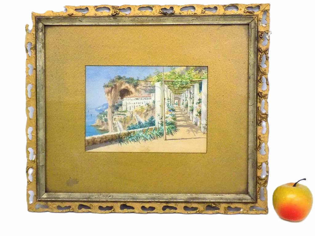 VENETIAN VILLA WATERCOLOR PAINTING: Exceptional Venetian Villa Watercolor Painting. Gold Gilt Frame and Matting. As is Frame Measurement 14.50" x 17" Provenance: From a Prominent New York Estate.