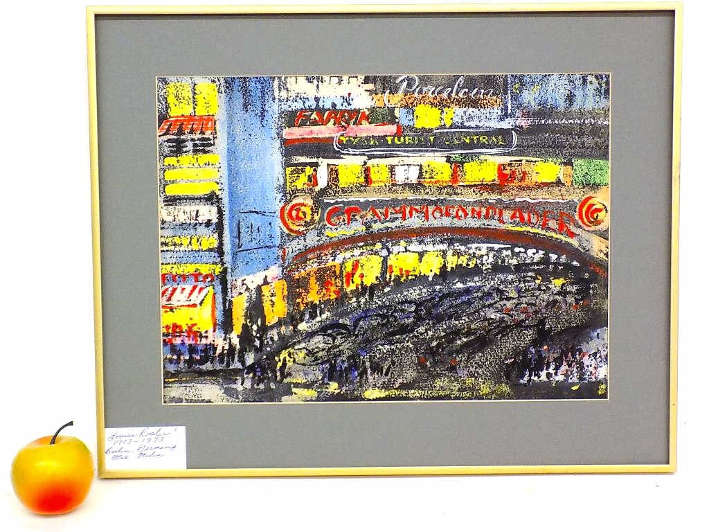 LOUISE ROSLER - ABSTRACT CITY WATERCOLOR GOUACHE: Louise Rosler Germany Berlin 1907-1993 - Abstract City Scene Watercolor Gouache Mixed Media. Midcentury Gold Chrome Frame Height 16" x Width 1" x Length 20.25" 5 lbs Provenance: From A Prominent New Y