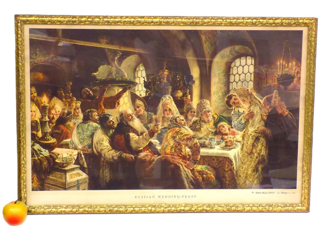 MAKOVSKY RUSSIAN WEDDING FEAST RIPLEY SIGNED ART: Konstantin Makovsky - Russian 1839-1950 - Russian Wedding Feast Color Lithograph after the Painting From 1883. Hand Written Pen Gift Inscription To George Matthew Adams From Ripley (Creator of Ripley'