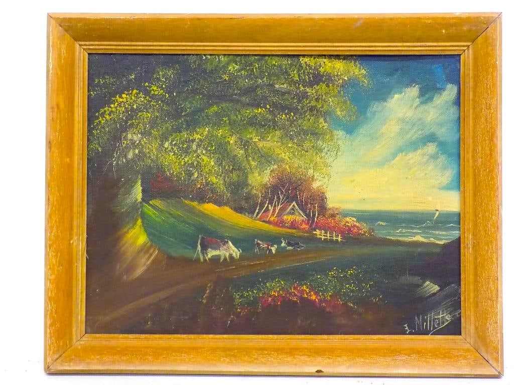 MILLETTE - COUNTRY RIVERSIDE FOLK ART PAINTING: Millette - 20th Century - 1960's Country Riverside Folk Art painting depicting cows near a river with sailboats. Oil on Artist Board. Signed lower right. Wood Frame Height 11" x Width 1.5" x Length 14
