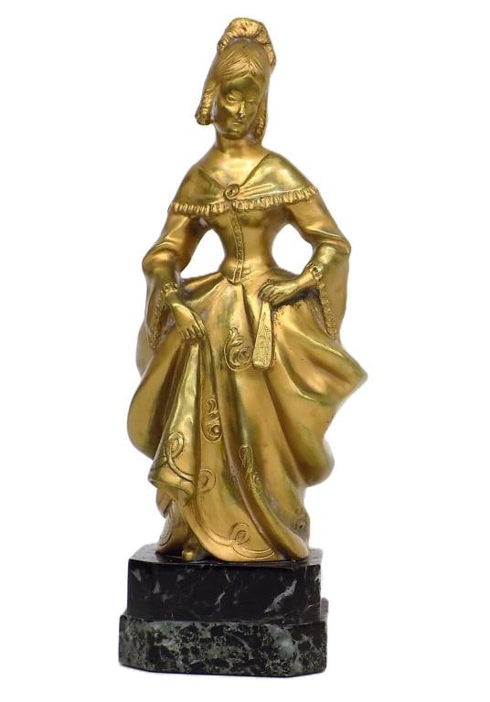 19TH CENTURY MAIDEN GILT BRONZE STATUE 10": Rare 19th Century Victorian Maiden Gilt Bronze Statue In Fancy Dress. Green Variegated Marble Base. Height 10" x Width 3.50" x Length 4" 5 lbs