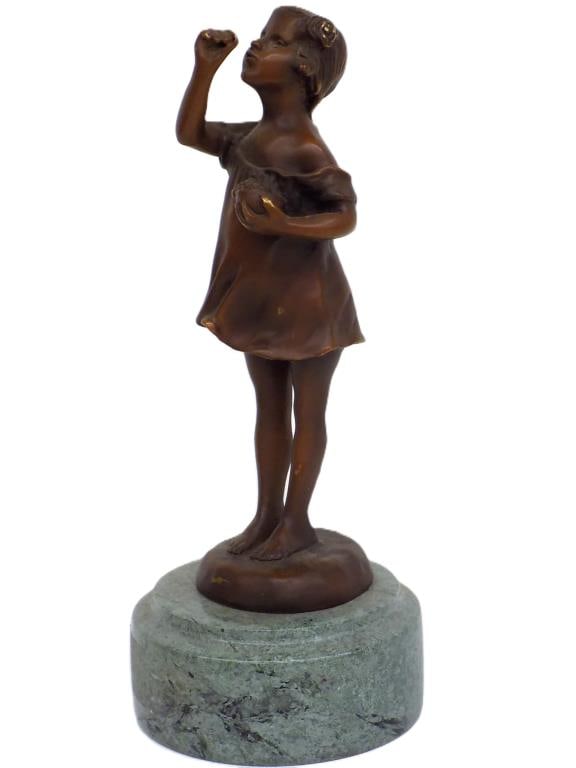 CRIZARO - BUBBLE BLOWING GIRL BRONZE STATUE: Crizaro - Antique Bronze Statue of a Young Girl Blowing Bubbles. Green Marble base. Chocolate Brown Patina. Height 11" x Base Width 4.50" x Base Length 4.5" 6 lbs From a Prominent New York Estate Coll