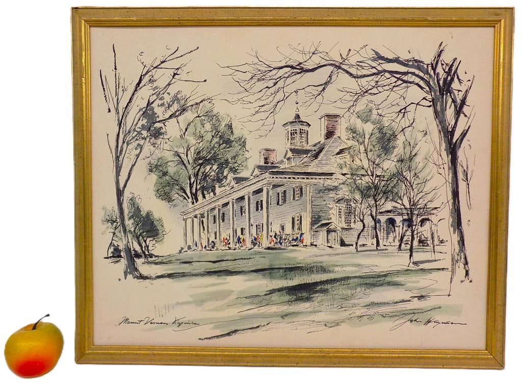 JOHN HAYMSON - MOUNT VERNON WASHINGTON LITHOGRAPH: John Haymson American 1903-1980 - Detailed Mount Vernon Washington Illustration Art Lithograph. Titled and Signed in Plate. Gilt Wood Frame Height 19" x Width 1" x Length 23" 1 lb Provenance: From a P
