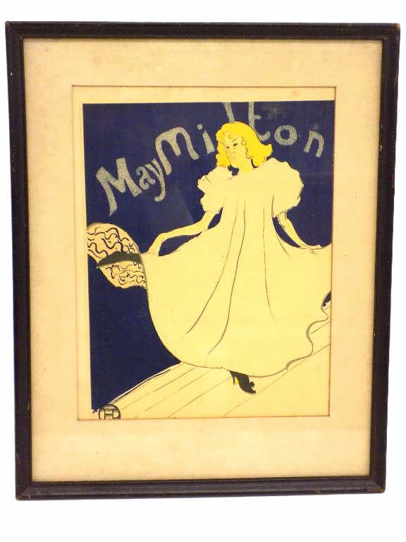 TOULOUSE LAUTREC - DANCER MAY MILTON LITHOGRAPH: Henri Toulouse Lautrec France 1864-1901 - Vintage Color Lithograph of Moulin Rouge Dancer May Milton. Partner of May Belfort. Signed Monogram Lower Left. Frame Height 15" x Width 1" x Length 12" 2 lbs