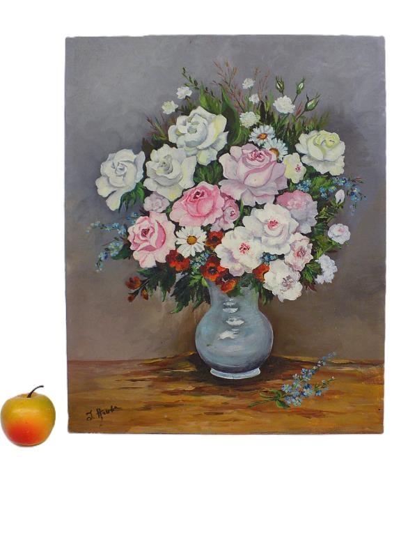 HEUBA - FLORAL STILL LIFE PAINTING: Heuba - 20th Century Floral still life painting. Oil on artist canvas board. Signed lower left. Height 20" x Width 1" x Length 16" 1 lb