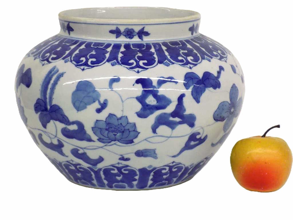 CHINESE BLOSSOMS PALACE BOWL QIANLONG MARK: Chinese Blue and White Porcelain Blossoms Palace Bowl with Qianlong Reign Mark Under Glaze. Larger Size Height 7.50" x Width 10.50" x Length 10.50" 5 lbs Provenance: From The Private Estate of a World