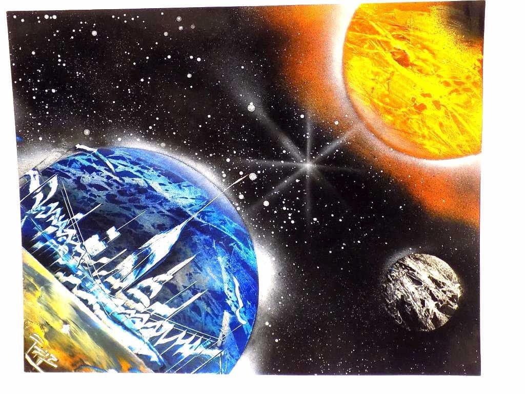 MODERN UNIVERSE PLANETS MIXED MEDIA PAINTING: Midcentury Modern Mixed Media Painting of Planets in The Universe. Depicting New York City on Earth. Painted on Glossy Paper. Artist Insignia Lower Right. 14" x 18"