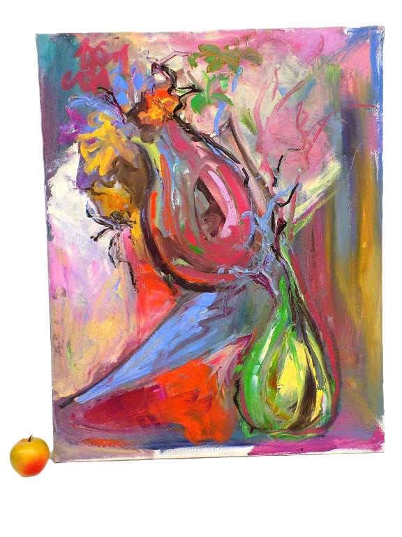 MIDCENTURY ABSTRACT FLOWERS PAINTING: Dorfman American 20th Century - Midcentury Abstract Flowers In A Vase Painting. Imposto Acrylic On Canvas. 24" x 30" unsigned, Provenance: Formerly from a pair, other being signed.