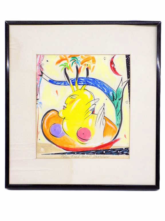 PALM BEACH ANGEL SURREALIST WATERCOLOR SIGNED: Midcentury Surrealist Watercolor on paper. Entitled Palm Beach Angel. Signed Illegibly Lower Margin. In The Manner of Marc Chagall. Approximately 10" x 11" Framed Measurement.
