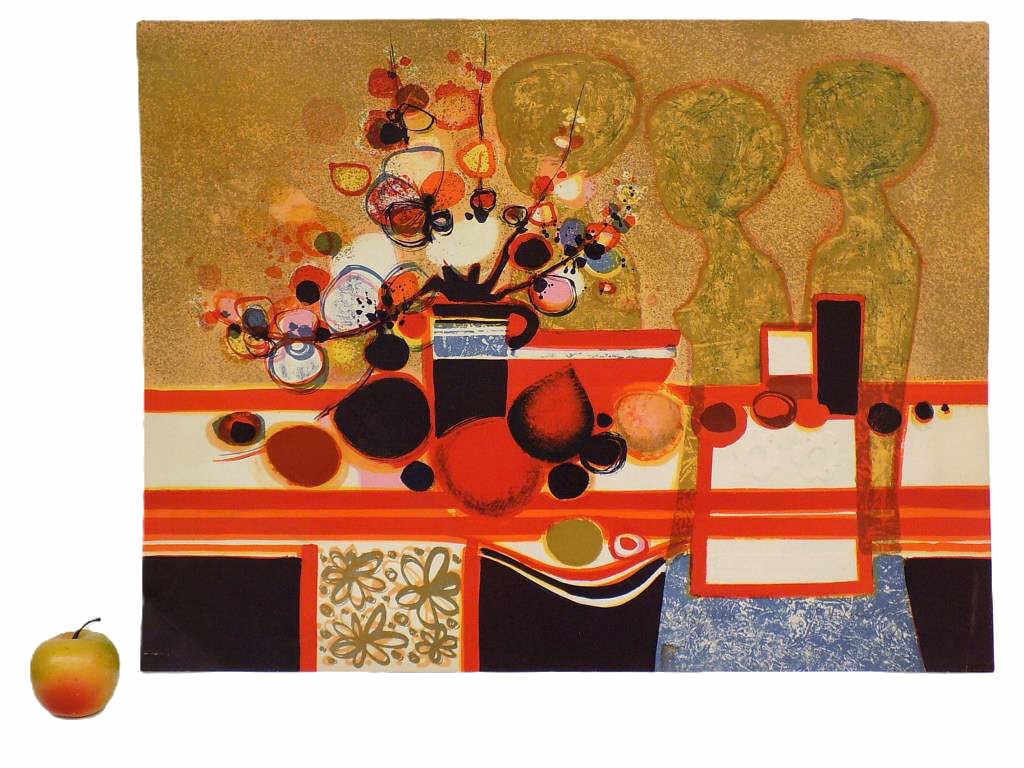 FREDERIC MENGUY - TROIS SILHOUETTES LITHOGRAPH: Frederic Menguy France 1927-2007 - Midcentury Modern Abstract Color Lithograph on Arches Paper. Entitled Trois Silhouettes, Depicting A Table Still Life With Vased Flowers. Raised Relief Technique on 