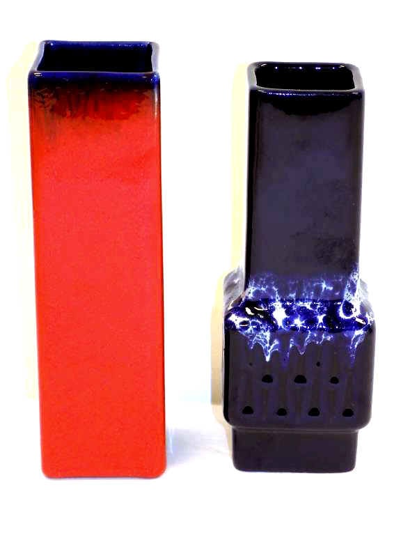 MIDCENTURY MODERN ART VASES: 2 Midcentury Modern Art Vases. Ceramic Blue, Red and White Glaze. Red Base Numbered. Height 8"