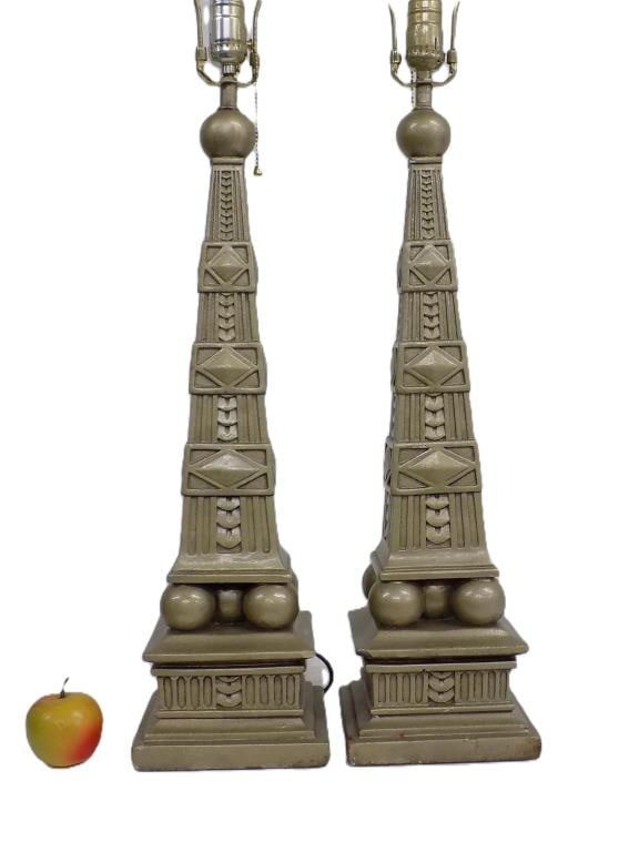 MIDCENTURY MODERNIST OBELISK LAMPS: Pair Midcentury Modernist Obelisk Lamps. Gilded Plaster with Geometric & Ball Form Design. Height 26.50" (to socket) x 6.50" x 6.50" As is, paintable chips. Working order
