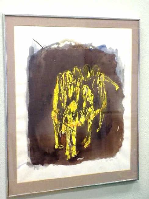 ABSTRACT EMBRACED FIGURES SIGNED LITHOGRAPH: American Midcentury Abstract Art Lithograph of Embraced Circle of Figures. Signed Illegibly Lower right. 23" x 27 3/4" Frame. From a Prominent New York Estate