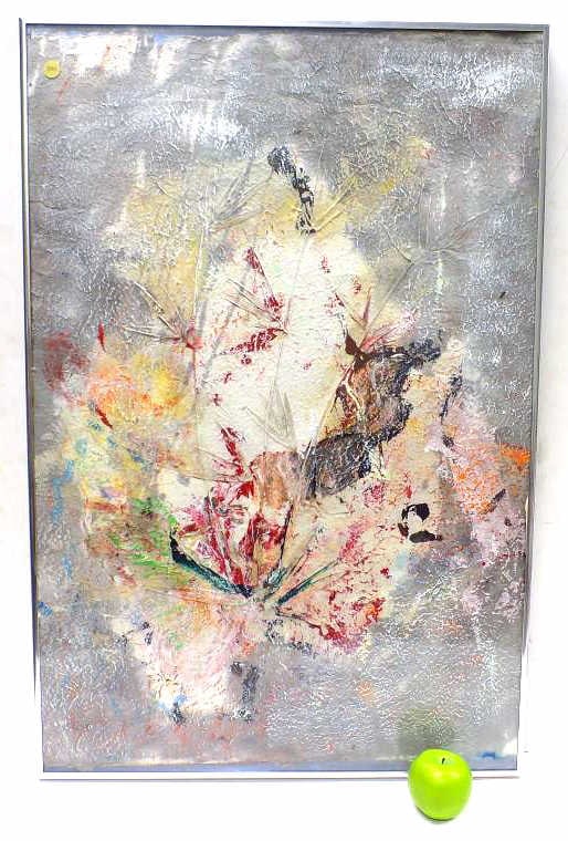 JOHN BEARDMAN - ABSTRACT MIXED MEDIA PAINTING: John Beardman - American 1937- 2025. Abstract Expressionist Nature Oil Painting Depicting Raised Flowers on Hand Made Paper. Signed . 24" x 36.25" Chrome Frame. Provenance: Gifted Directly from the