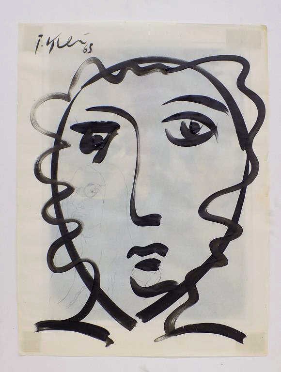PETER KEIL - PICASSO HOMMAGE PAINTING: Peter Kiel American b1942 - Big Hommage To Picasso Painting of a Head. Also has a Pencil Sketch of a Lady. Painted on Paper. Artist Signed and Dated (19)65 Upper Margin. 19.50" x 26". COA Rear
