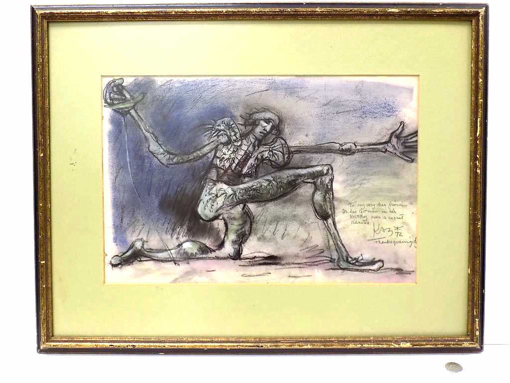 NATHANIEL KAZ - MATADOR PASTEL & CRAYON DRAWING: Nathaniel Kaz - American New York 1917-2010 - Kneeling Matador with Sword Mixed Media Conte Crayon Drawing. Artist Gift Inscription to Dr. Leo Gitman ... , Signature, Insignia, Date Lower Right. 19.50