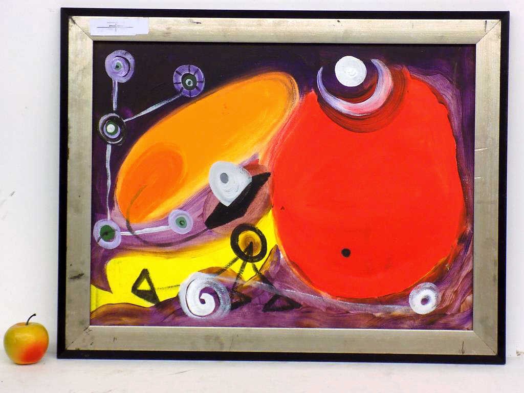 MANNER OF MIRO SURREALIST PAINTING: Manner of Miro Surrealist Modern Art Painting. Acrylic on Canvas. 21.50" x 27.50" Modern Frame Measurement.