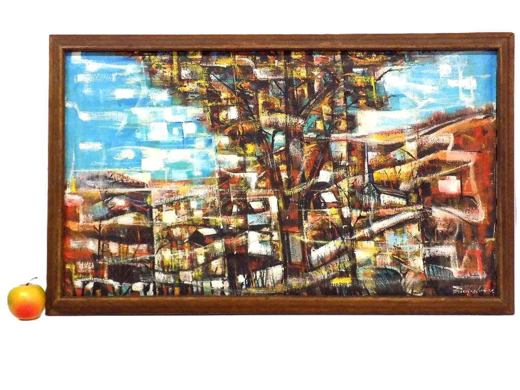 MIDCENTURY ABSTRACT PAINTING SIGNED ILLEGIBLY: Midcentury Abstract Landscape Painting. Depicting Churches, Homes, Trees and Sky. Acrylic on Canvas. Signed illegibly lower right. Signed Illegibly. Russian Artist ? 1960's Teak Frame. 20" x 32" From