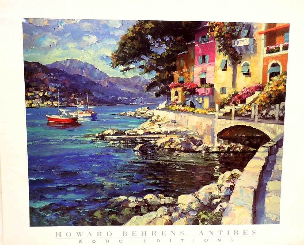 HOWARD BEHRENS - ANTIBES SOHO EDITION ART POSTER: Howard Chesner Behrens American 1933-2014 - Big Impressionist Art Poster Print of His Painting Antibes Soho Editions. Artist Tribute to Monet Depicting Sail Boats Near A Villa. Devon Publishing on Glo