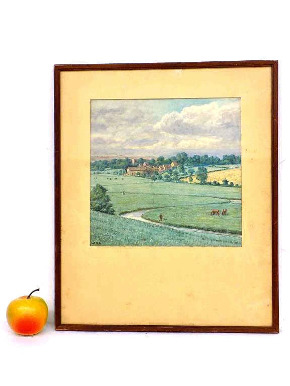 WYNDHAM HOPE HUGHES - COUNTRY SCENE WATERCOLOR: Wyndham Hope Hughes - British 1849-1948 - Detailed Country Landscape Watercolor on Paper. Depicting Figures and Horses on a Summer Day. Signed Lower Left. 14.50" x 17.50" Framed. Provenance: Prominent