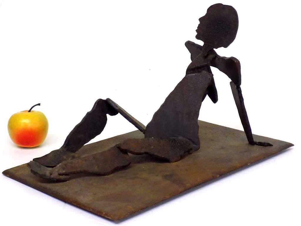 MODERNIST RECLINING FIGURE STEEL SCULPTURE: Midcentury Modernist Reclining Figure Steel Sculpture. Gallery Label Base. Large Piece. Height 9.50" x Width 10" x Length 16 3/4"