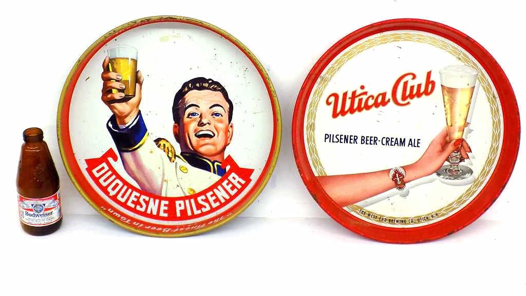1940'S DUQUESNE & UTICA CLUB PILSENER BEER TRAYS: Vintage 1940's Duquesne Pilsener "The Finest Beer In Town" with Prince of Beers Toasting. Along with a Utica Club Pilsener Beer Cream Ale Advertising Tray with Lovely Ladies Hand With Art Deco Bracele