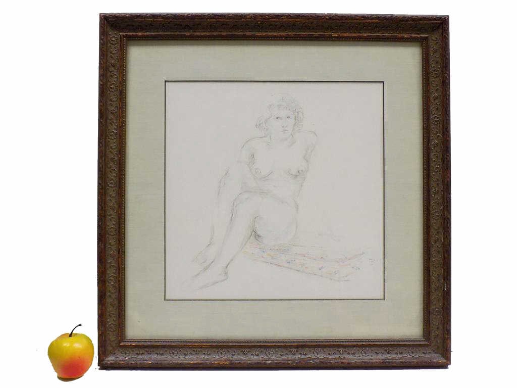 ALLAINER - NUDE BEAUTY DRAWING: Judith Allainer American 20th Century - Reclining Nude Beauty Drawing. Graphite and Colored Pencil. Signed Lower Margin. Ornate Wood Frame with Floral Motifs 20.50" x 20.50" Provenance: From a Private